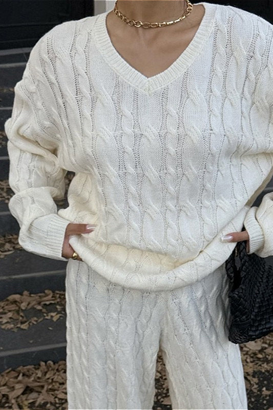 Solid Cable Knit V Neck Sweater Pants Set