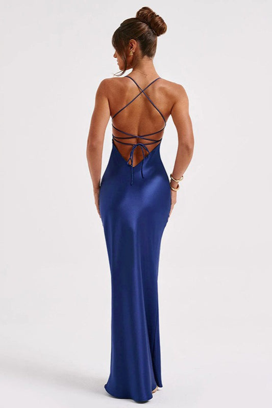 Backless Lace-Up Silk Dress