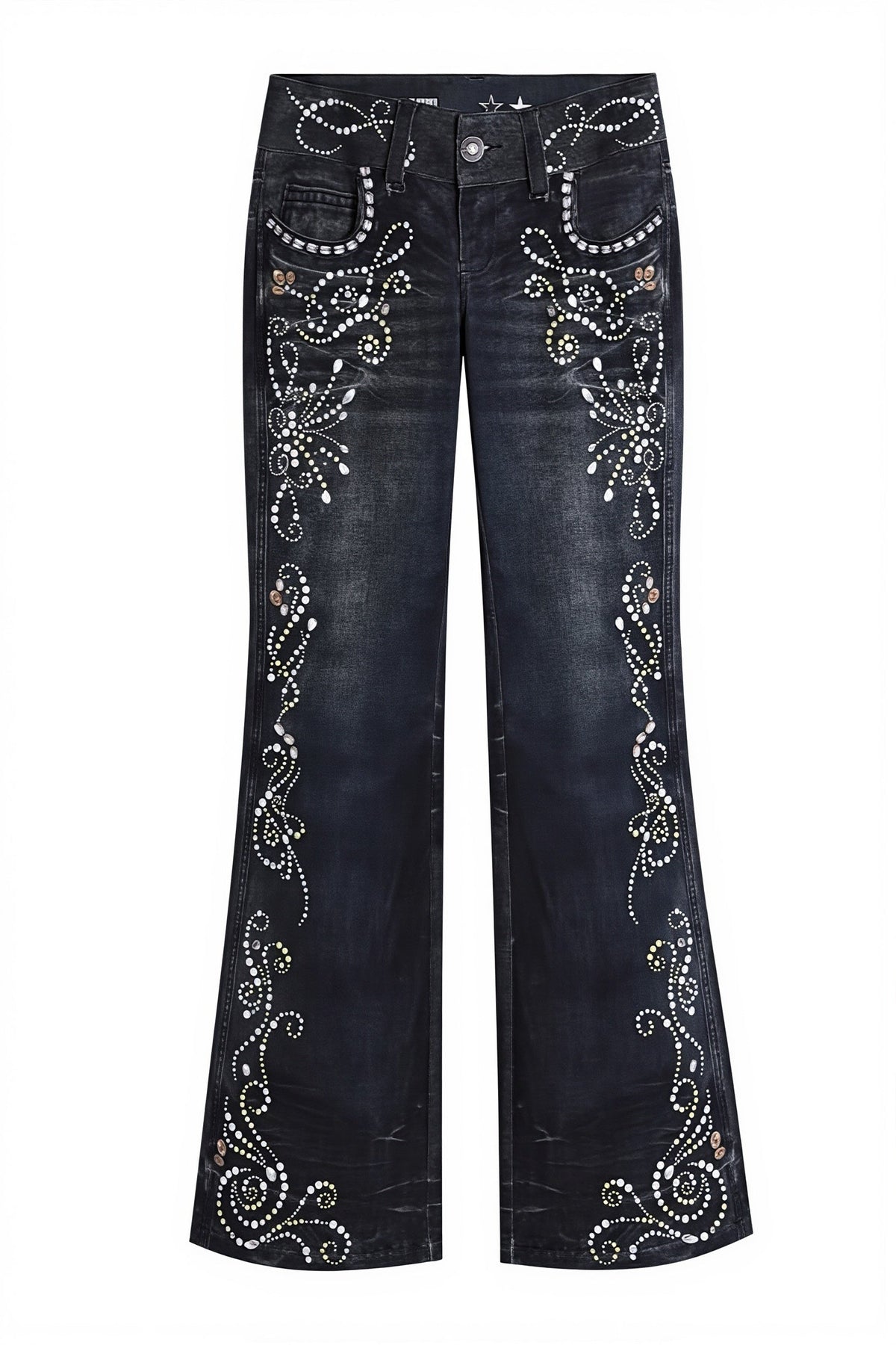 Ornate Scroll Print Washed Flare Jeans