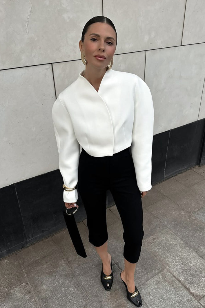 White Cropped Stand Collar Jacket