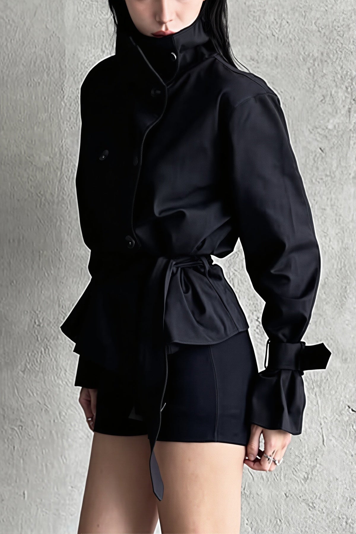 High Neck Belted Double Breasted Trench Coat