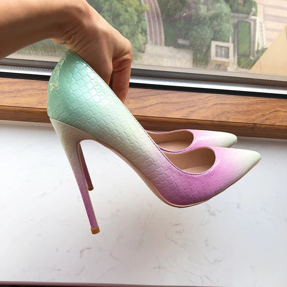 Mint Pink Crocodile Effect Pointy Toe High Heel Shoes For Women