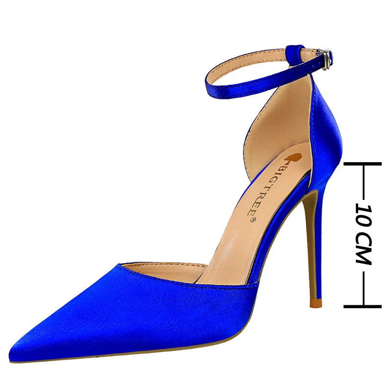 Satin Shallow Pointed Women Pumps With Buckle High Heels