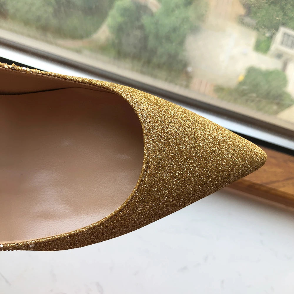 Gold Sequined Pointy Toe High Heel Wedding Bridal Shoes