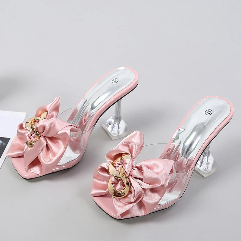 Pink Butterfly-Knot Designer Sandals With Clear Heels
