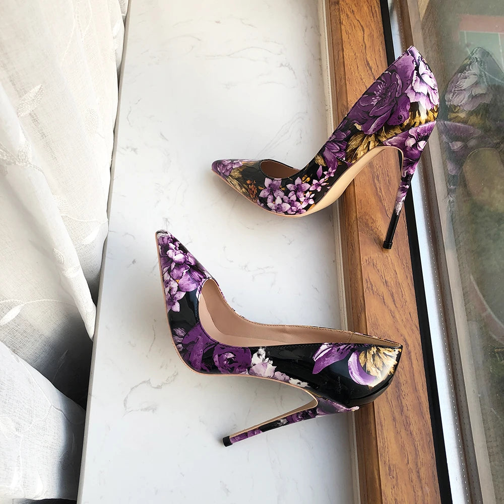 Purple Flower Print Women Patent Pointy Toe High Heel Shoes