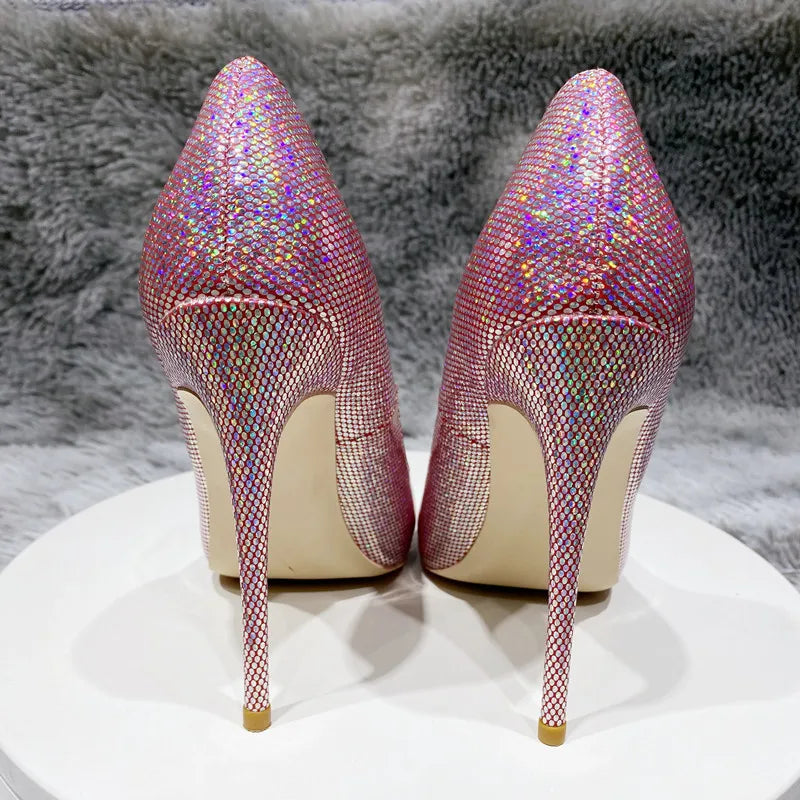 Pink Sequined Women Pointed Toe High Heels For Wedding Party And Bridal Shoes