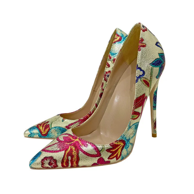 Gold Floral Embossed Printed Pointy Toe High Heel Shoes For Women