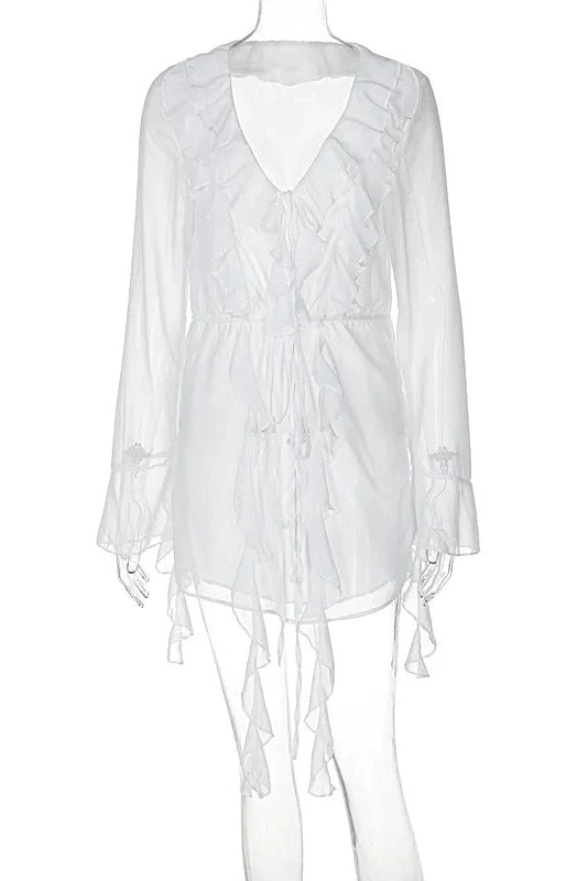 V Neck Long Sleeve Lace-Up See-Through Mini Dress