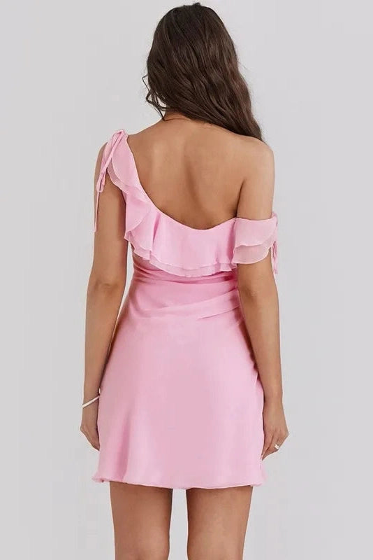 Elegant One Shoulder Sleeveless Lace Up Mini Dress