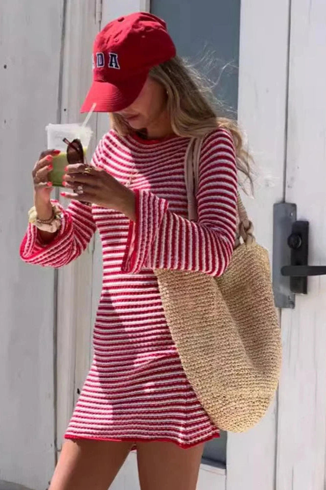 High Waist Striped Flare Sleeve Mini Dress