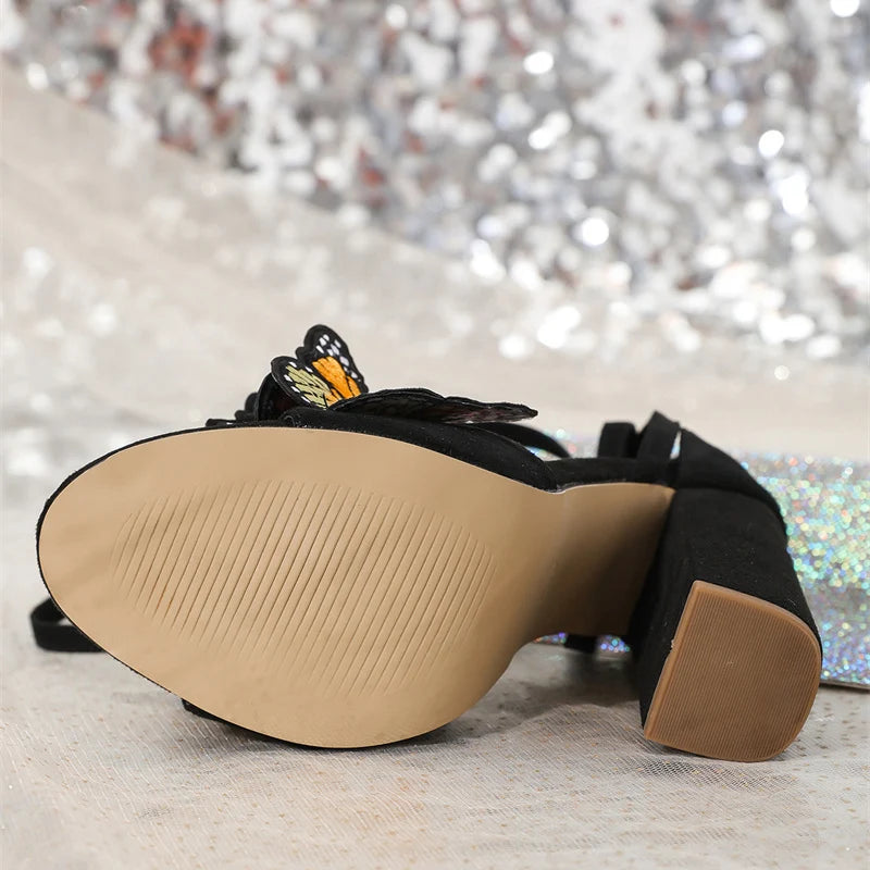 Butterfly Embroidered Summer Gladiator Sandals With Lace Up High Heels