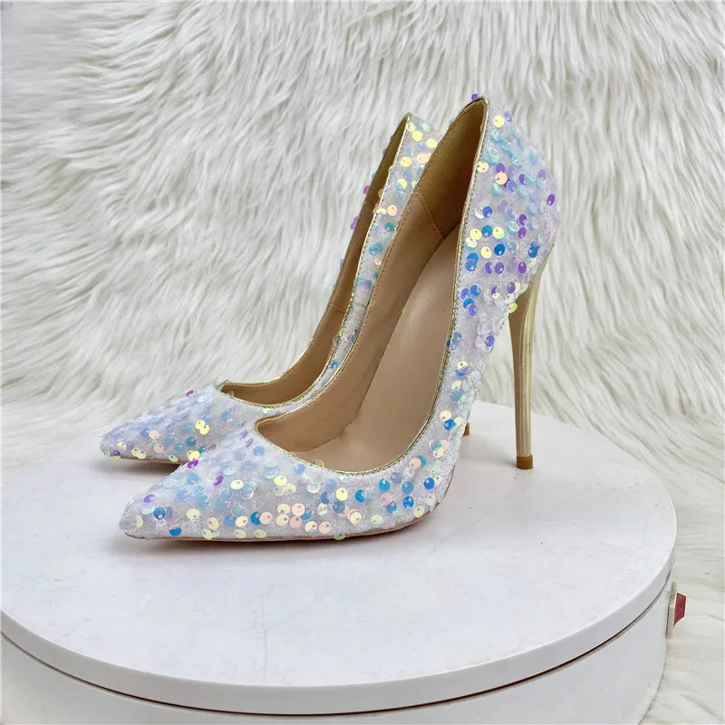 White Pointy Toe High Heel Shoes With Bling Sequins For Women