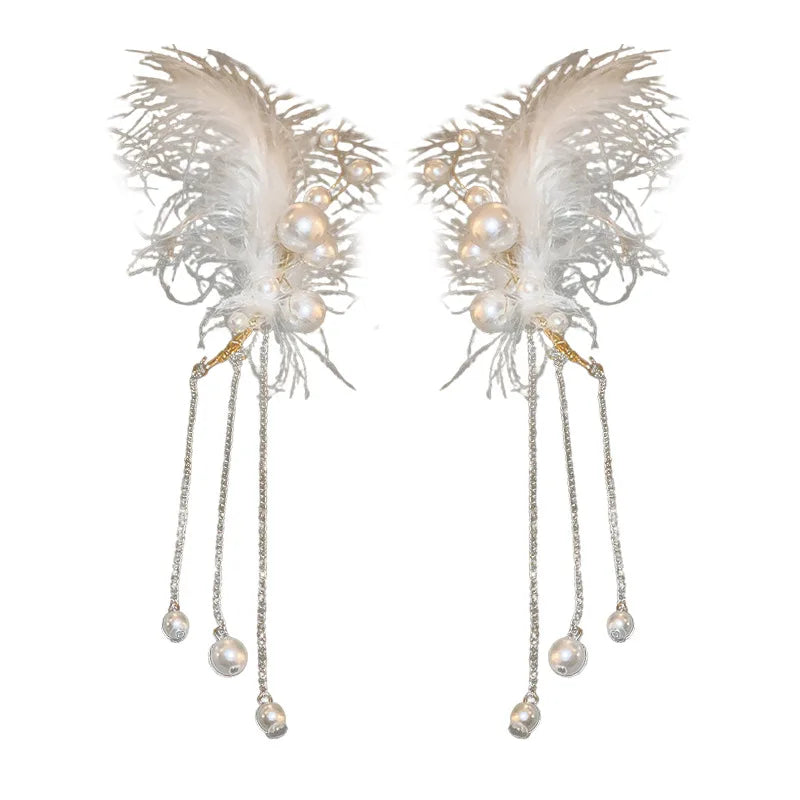 Lizakosht Unique Long White Feather Pearl Tassel Earrings For Women Creative Clip-On Party Jewelry