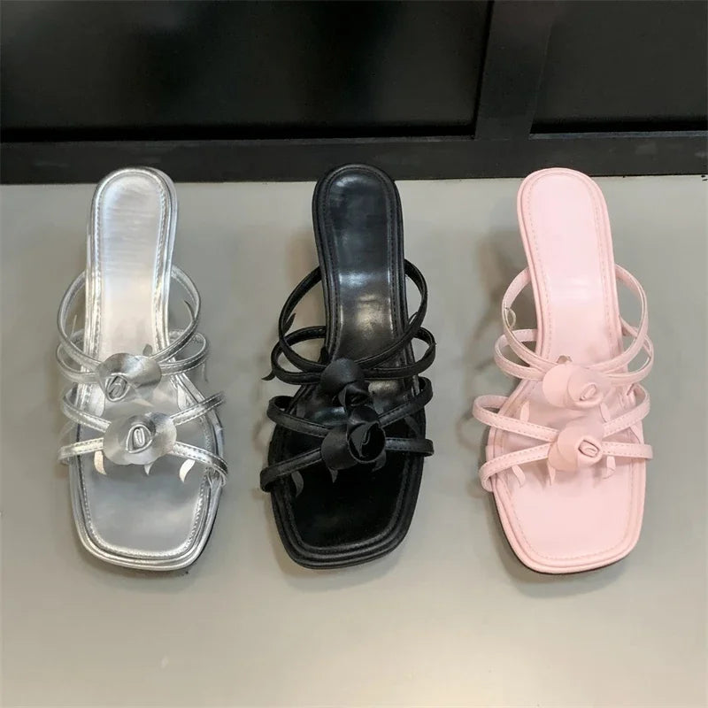 Satin Narrow Band Flower Slipper With Open Toe And Thin Heels