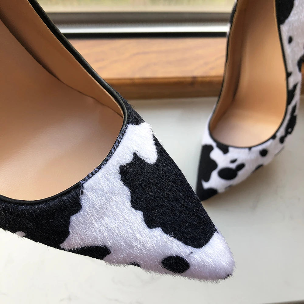 Cow Print Women White Hairy Flock Pointy Toe High Heel Shoes -