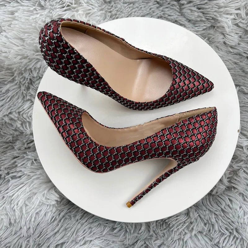 Wine Red Pointy Toe High Heel Shoes With Mesh Pattern For Women