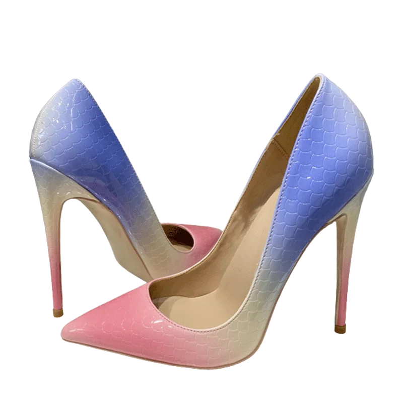 Blue Pink Crocodile Effect Pointy Toe High Heel Shoes For Women