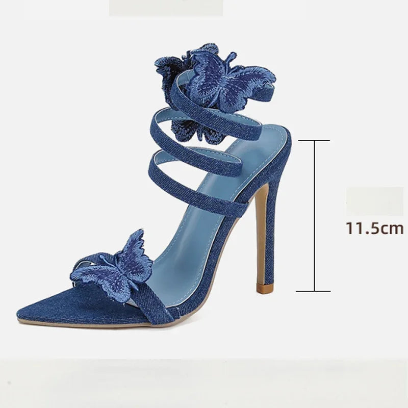 Denim Butterfly-Knot Thin Heels Sandals For Women
