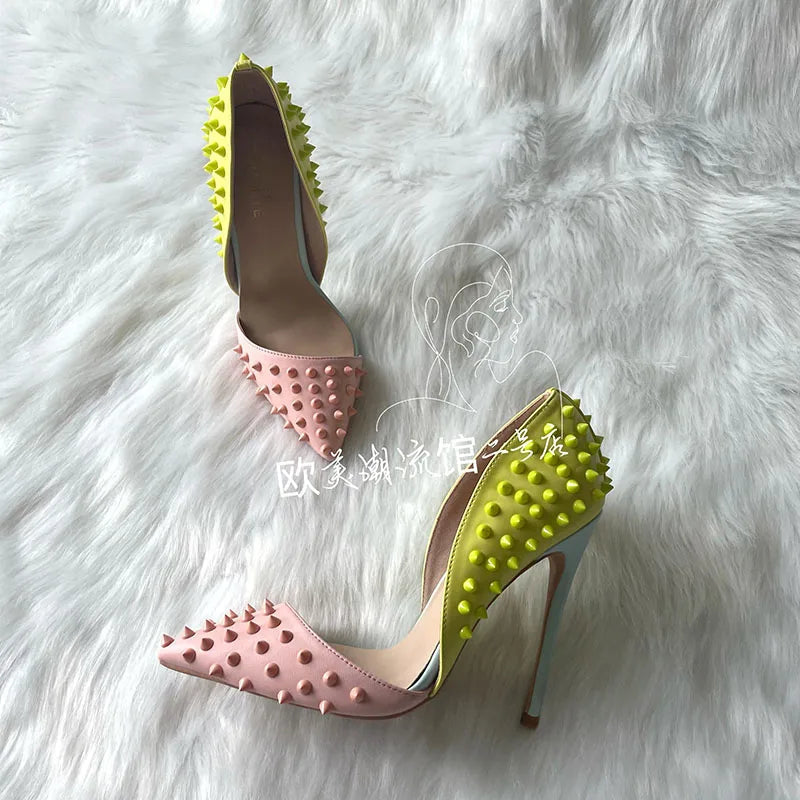 High Heel Shoes With Mixed Colors Pointed Toe Rivets And Studs For Sexy Women