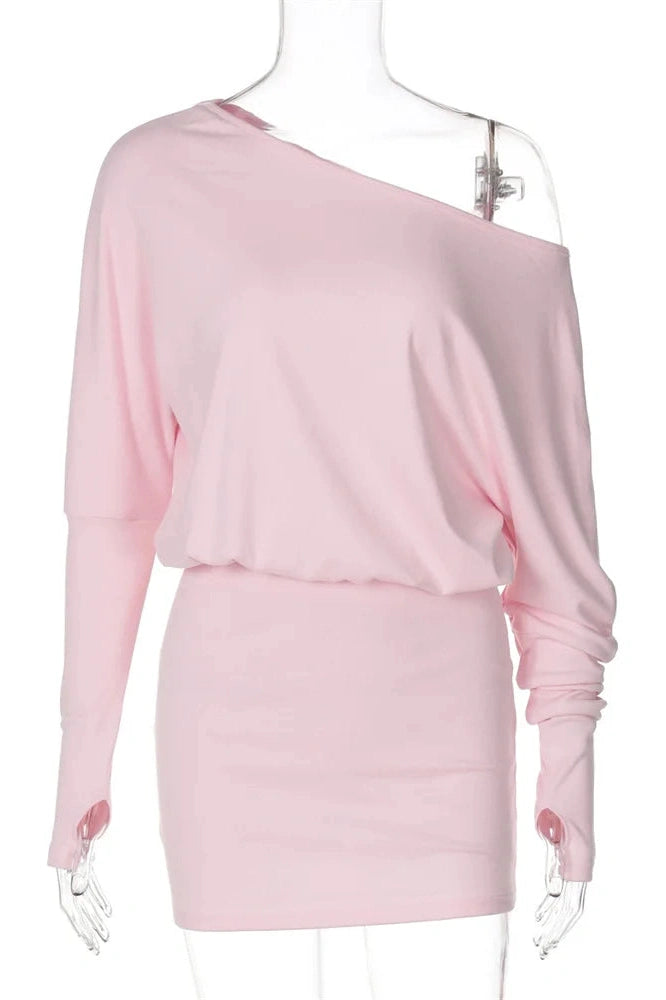 Patchwork One-Shoulder Slim Fit Long Sleeve Mini Dress