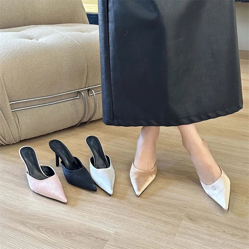 Spring Satins Pointed Toe Slippers Woman Thin Heels