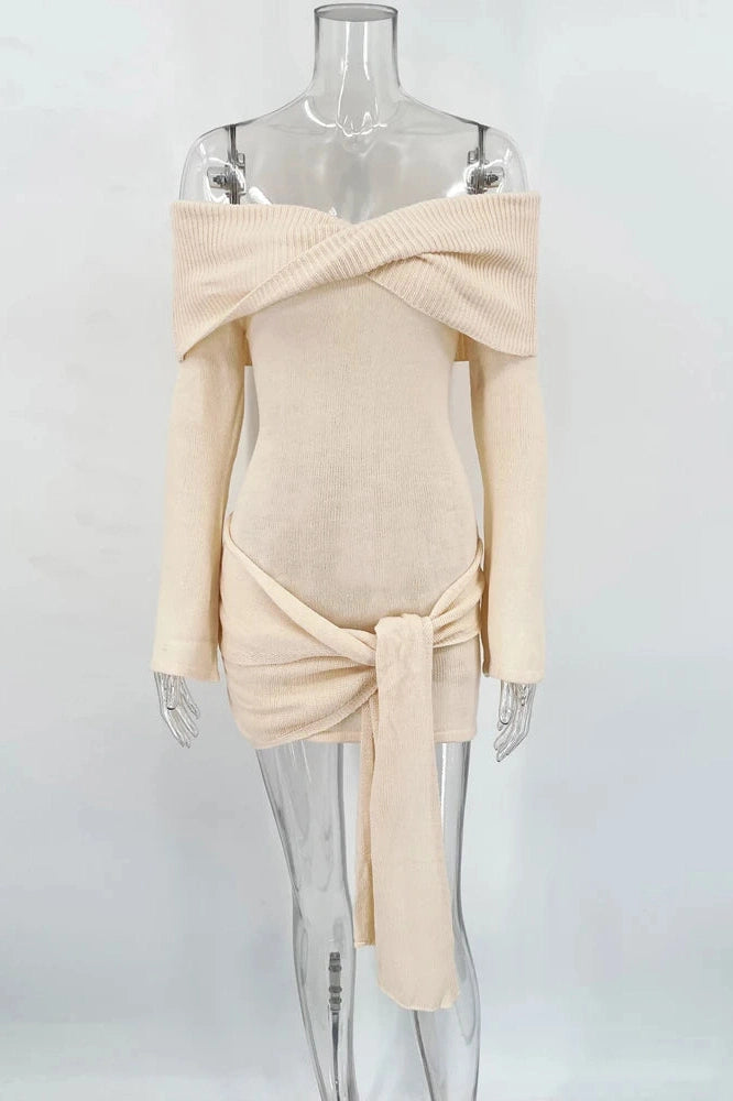 Slim Patchwork Off-Shoulder Long Sleeve Mini Dress