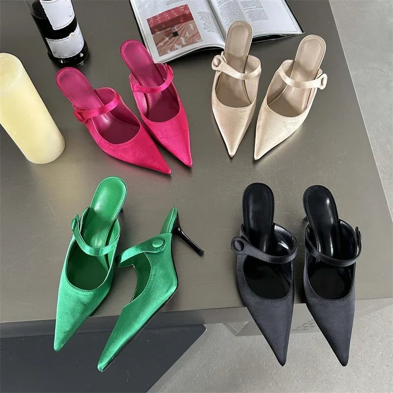 Satin Button Pointed Toe Pumps Slipper Women Fashion Thin High Heels