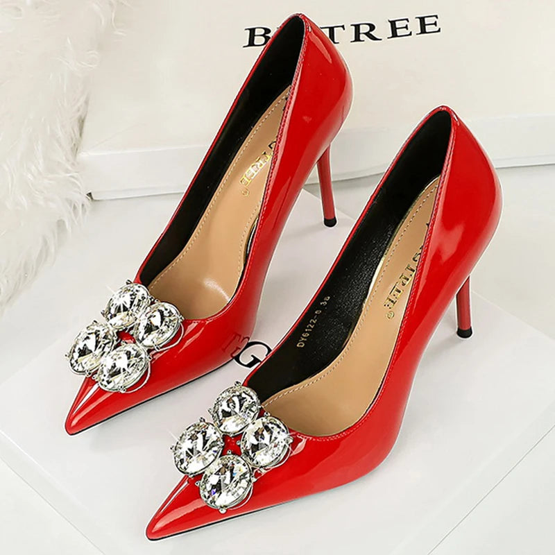 Luxury High Heels With Big Rhinestone Design In Patent Leather For Women