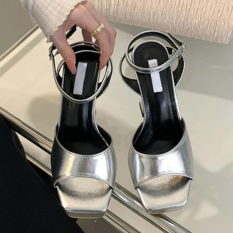 Silver Ankle Strap Sandals Women Summer Fashion Open Toe Platform High Heels