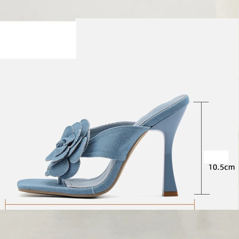 Denim Flowers Square Clip Toe Slippers With Thin High Heels For Summer Street Style Woman