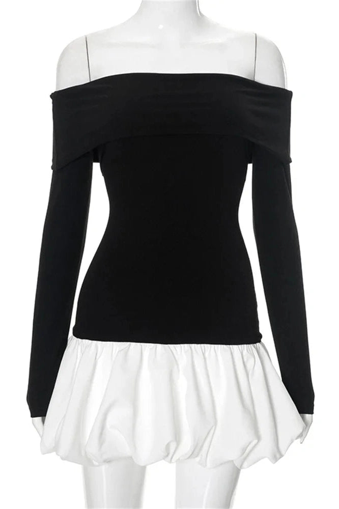 Slim High Waist Off-Shoulder Long Sleeve Mini Dress
