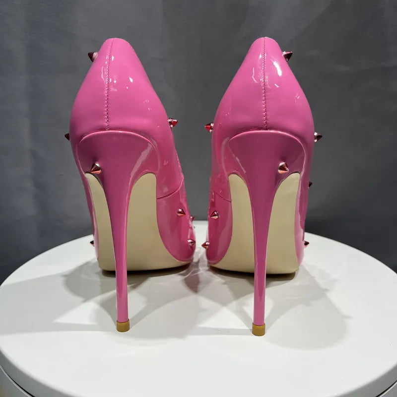 Pink Pointy Toe High Heel Shoes With Spikes For Women