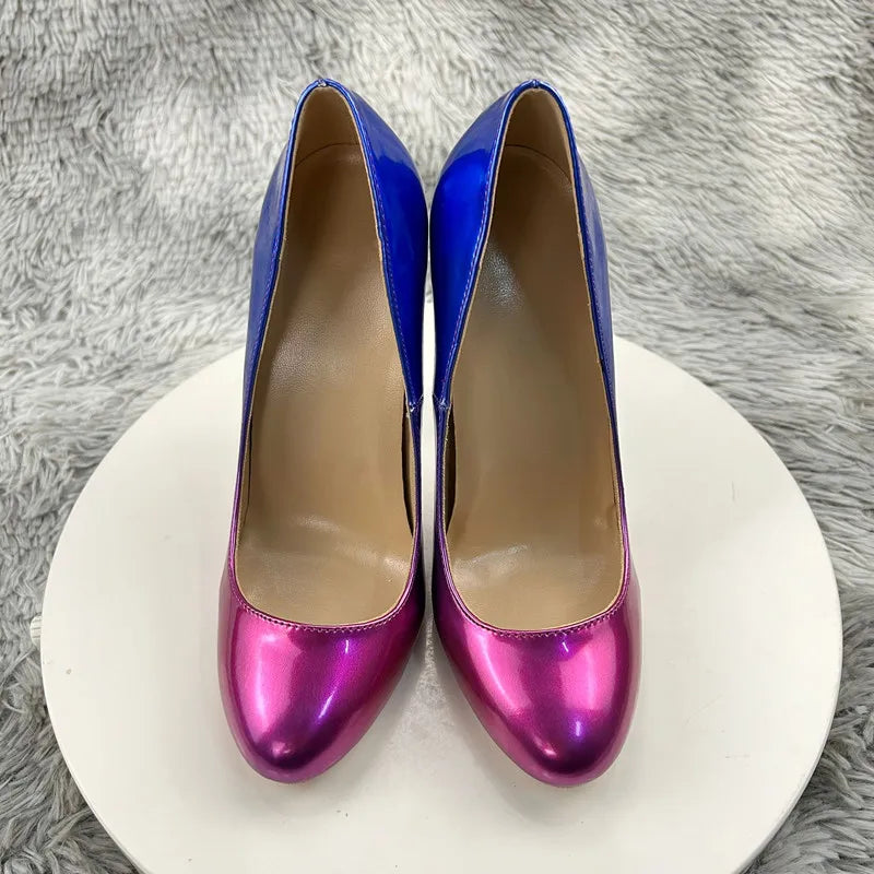 Blue Pink Gradient Round Toe Slip On High Heel Shoes For Women