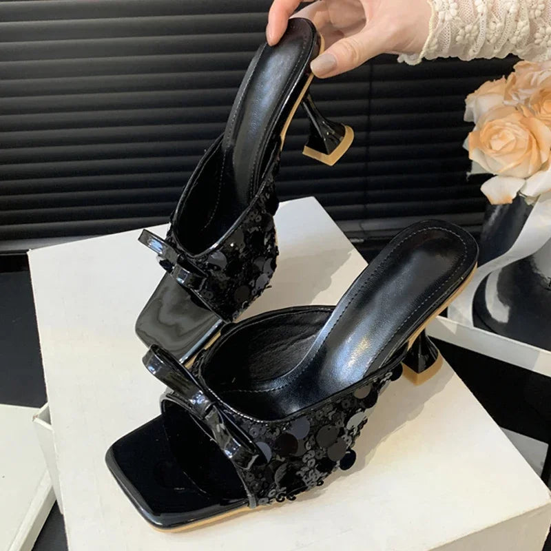 Sequined Square Toe Women Slippers with Butterfly-knot High Heels