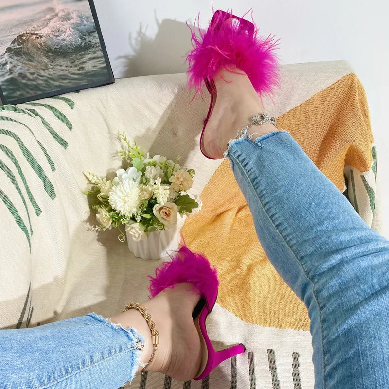 Fluffy Furry Women Slippers With Thin Heels For Summer Parties