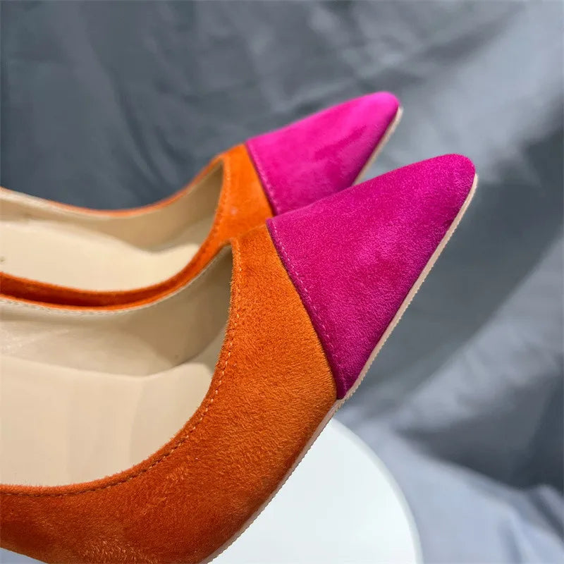 Orange Purple Patchwork Women Flock Pointy Toe High Heel Shoes