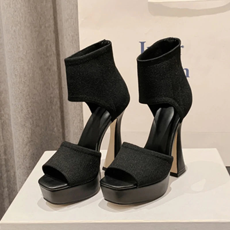 Summer Open Toe Platform Sandals Stretch Fabric Slip-On High Heels