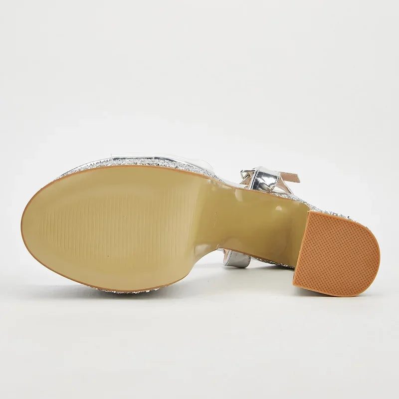 Sequin Cloth Pvc Transparent Buckle Strap Sandals For Women