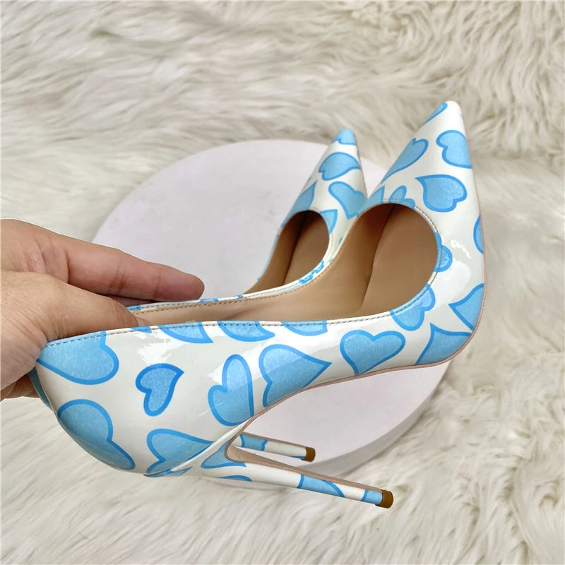 Blue Sweetheart Printed White Pointy Toe High Heel Shoes For Women