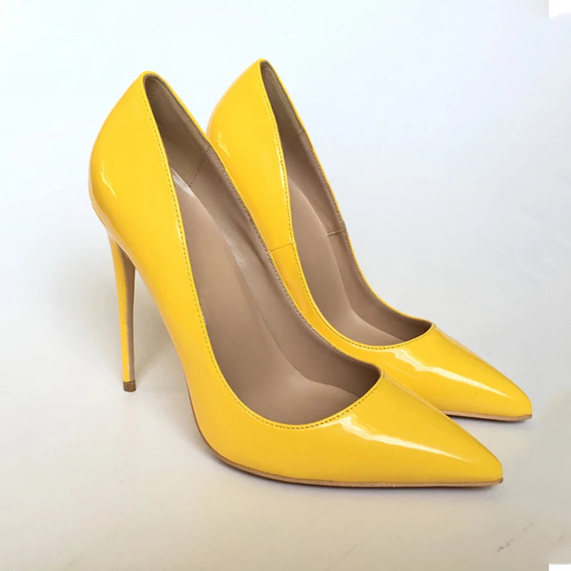 Yellow Women Patent Pointed Toe Pumps High Heels For Party Dress Fashion