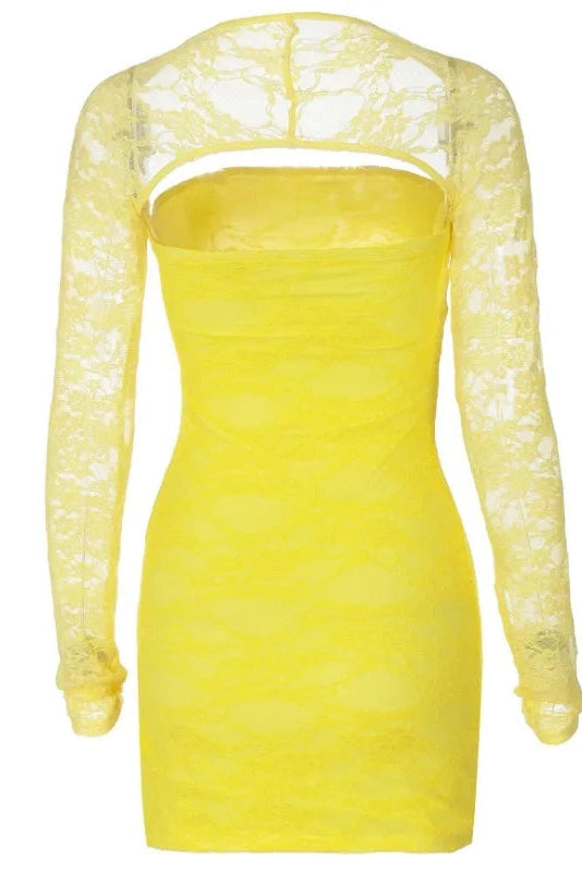 High Waist Lace See-Through Long Sleeve Patchwork Mini Dress