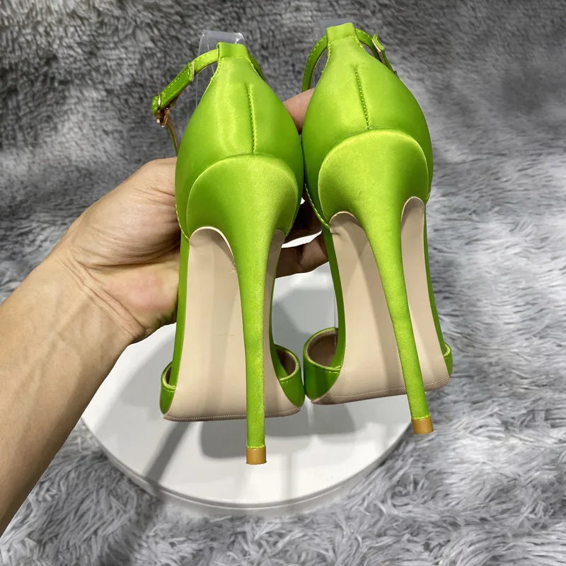 Silk Satin Ankle Strap Pointy Toe High Heel Shoes For Women In Black Pink And Green