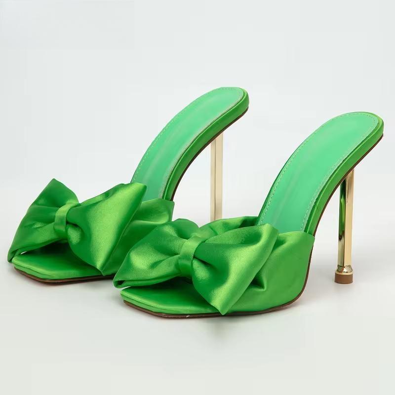 Silk Butterfly-knot High Heels Women Slippers with Square Toe Mule Style