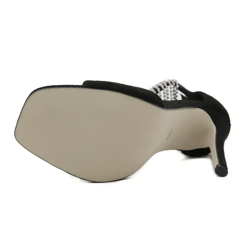 Crystal Fringe Peep Toe Sandals With Zipper And Thin High Heels