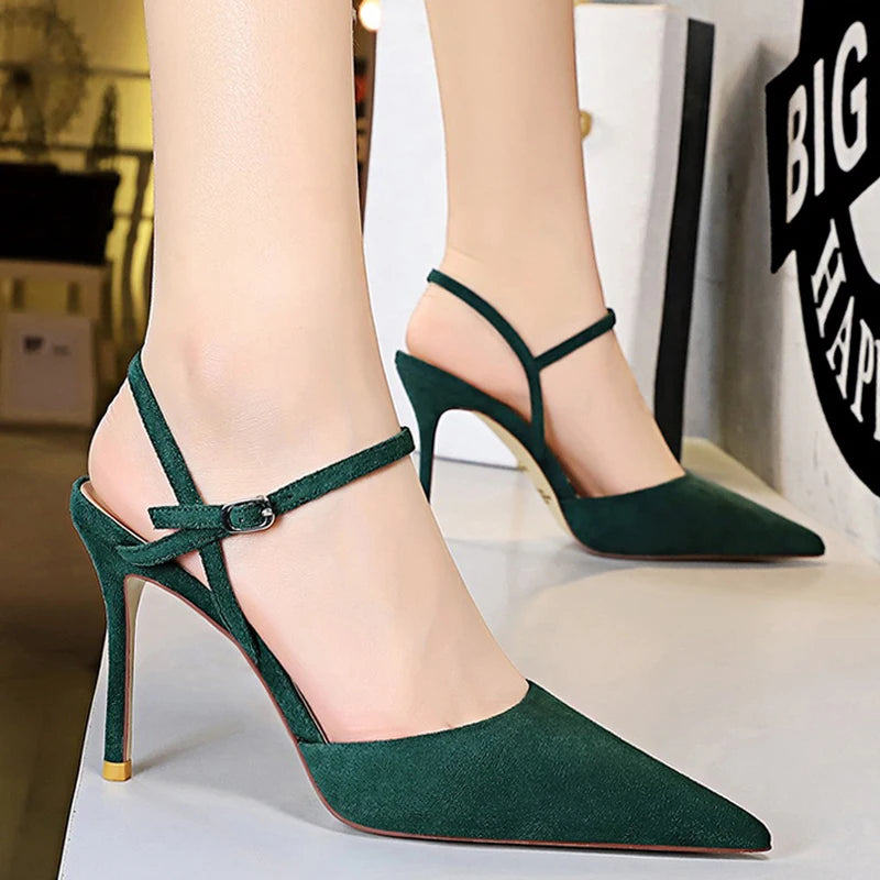Suede Women Sandals Pointed Toe High Heels Summer Hollow Out