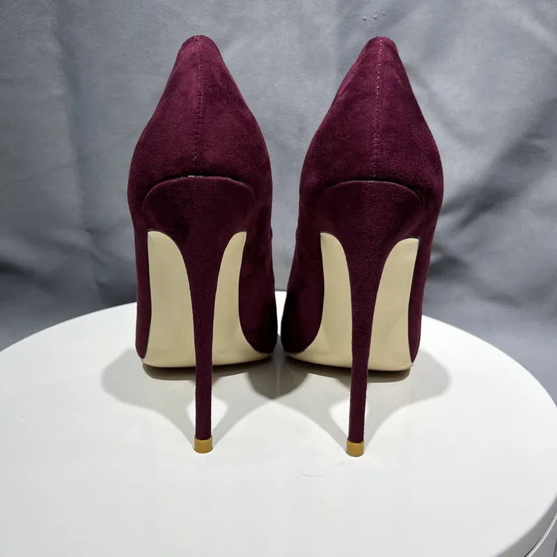 Burgundy Faux Suede Pointy Toe High Heel Shoes For Women