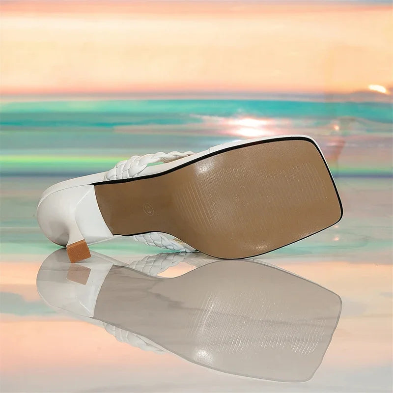 White Summer Fashion Weaving Square Clip Toe Thin High Heel Sandals For Women