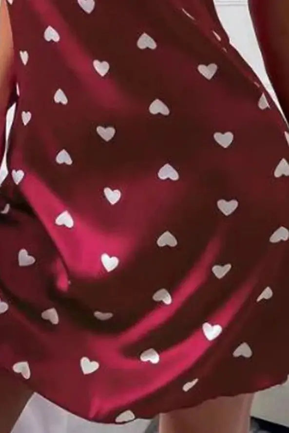 Heart Print Satin Mini Dress With Spaghetti Straps