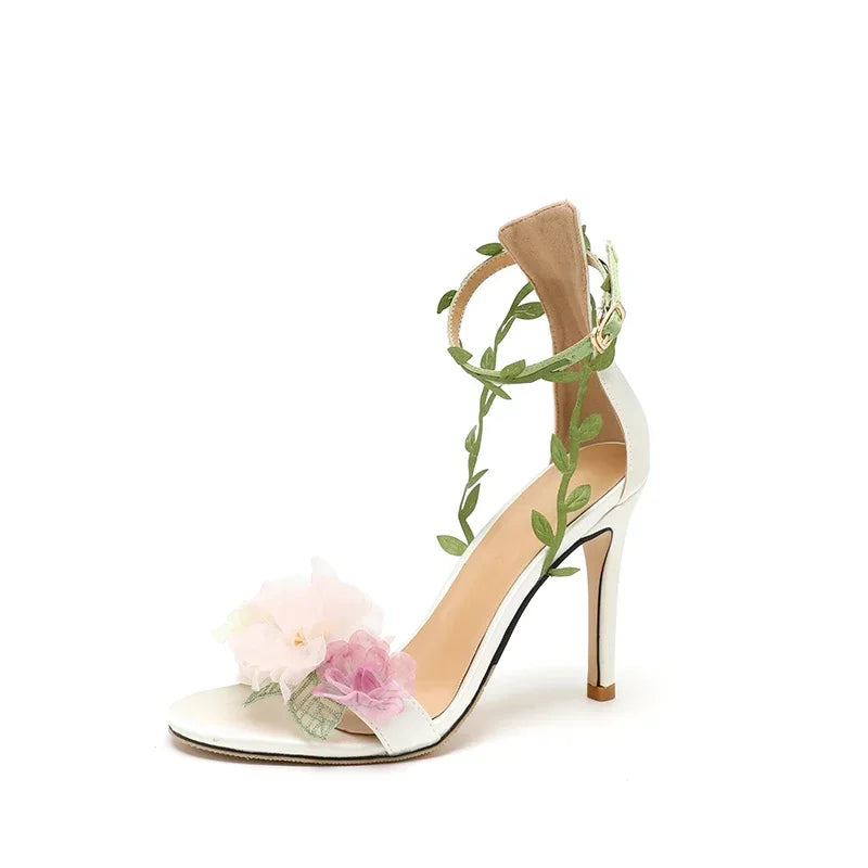 Pink Chiffon Flower Dream High Heels Lace Up Sandals
